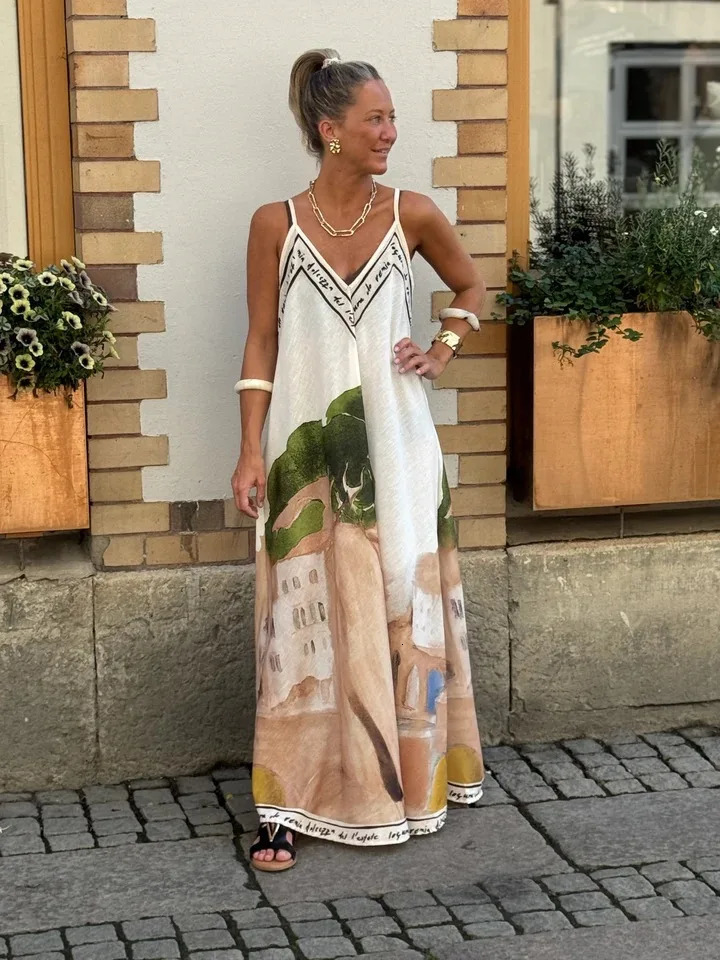 Casual Boho Printed For Women Loose V neck Suspender A line Big Hem Long Dress Summer Fashion Vacation Style Dresses 260714