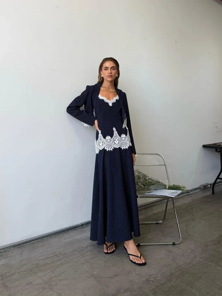 Elegant Striped Lace Patchwork 3-piece Set Women Chic Sling Top Cropped Blazer Maxi Skirt Sets 2026 Spring Lady Party Outfit 260714BJ