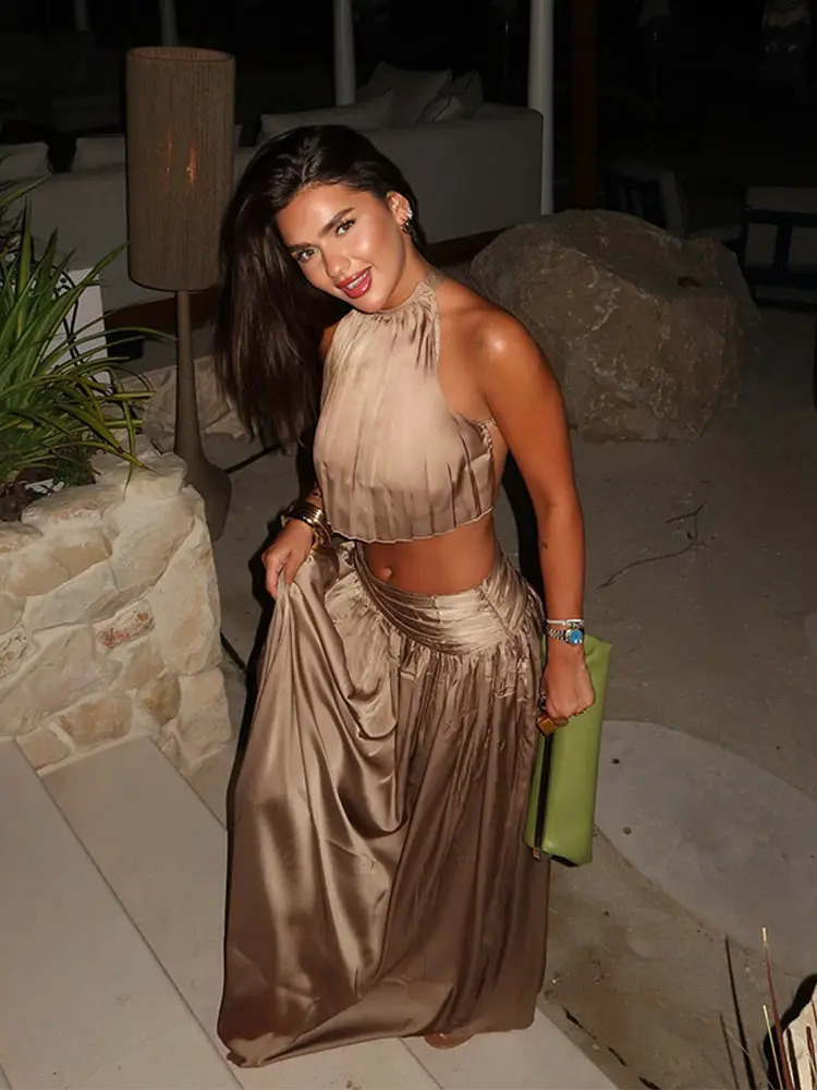 Solid Color Top Long Skirt Woman Set O Neck Lace Up Backless Short Tops High Waist Folded A Line Skirts Sexy Chic Womens Suits 260714