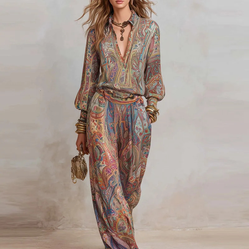 Womens Vintage Paisley Print 2 Piece Set Blouse Boho Long Sleeve Shirt High Waist Wide Leg Pants Casual Vacation Outfit Sets 260714BJ