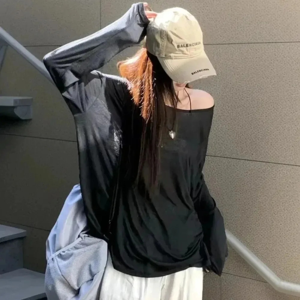 Summer T-shirt Women Beach Thin See Through Oversize Tees Korean Chic White Top High Street Casual Long Sleeve Shirts 260714BJ