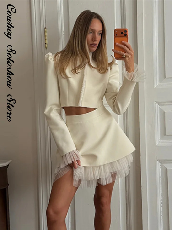 Elegant Mesh Spliced Womens Suit Stand Neck Full Sleeve Blazer Jacket Skirt Sets Street Summer Autumn Office Outfit 2026 260714BJ