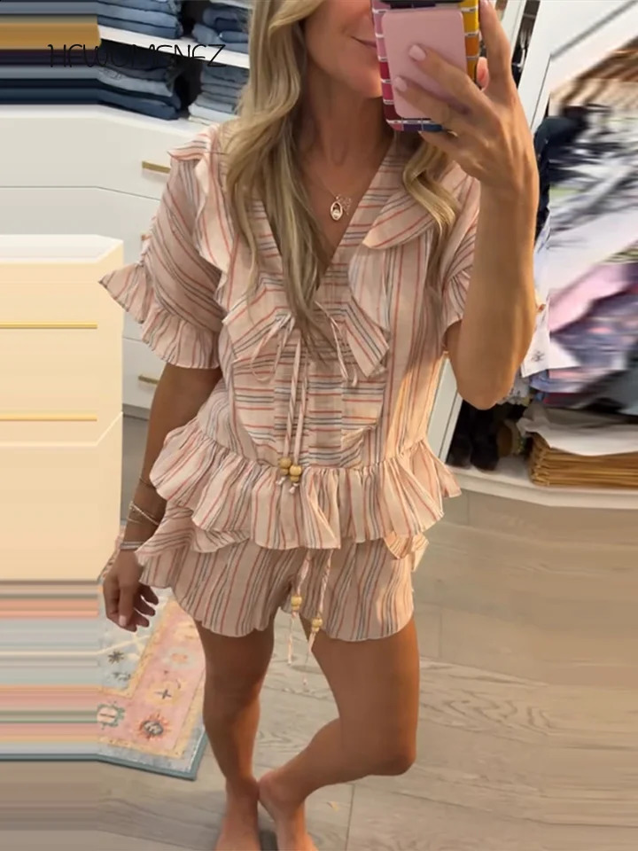 Casual Striped Ruffles Top Shorts Set Women Loose V neck Lace Up Tops Short Pants Sets Female 2026 Summer Lady Suits Chic 260713