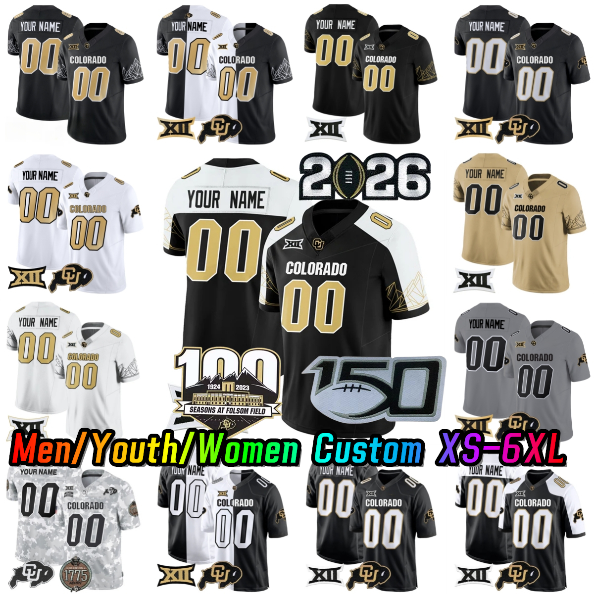 Custom S-6XL Colorado Buffaloes 2 Shedeur Sanders Football Jersey 10 Julian Lewis 18 Danny Scudero 55 Bo Hughley 98 Ezra Christensen Lefau Lampro-image-944414673