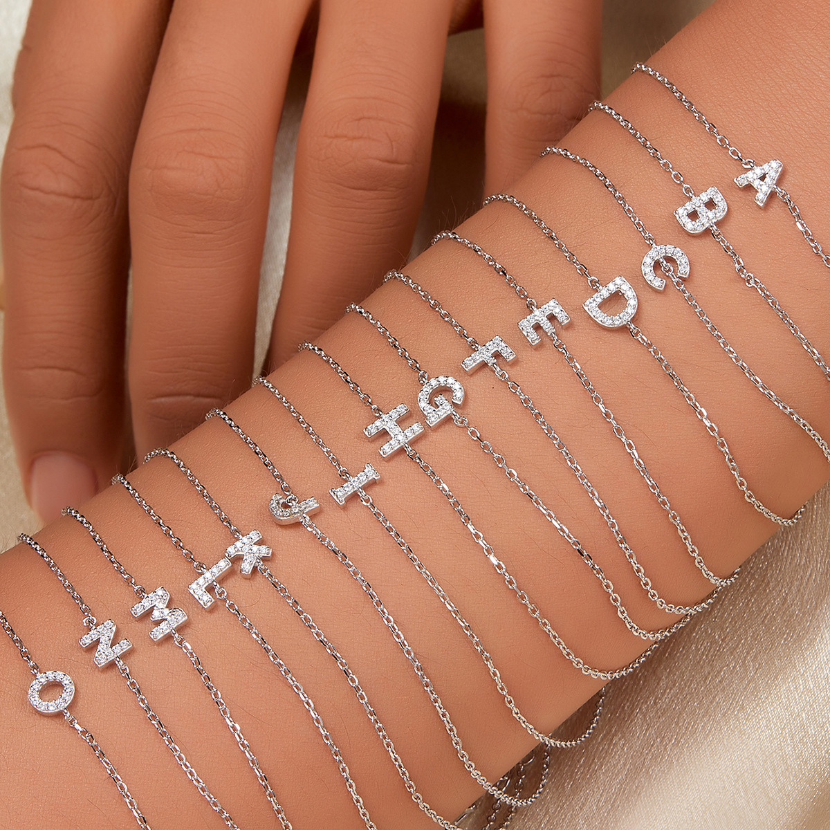 26 Letters Available Real 100% 925 Sterling Silver Sparkling Pave CZ Initial Minimalist Thin Link Chain Alphabet Bracelet for Ladies Daily Wear Neve