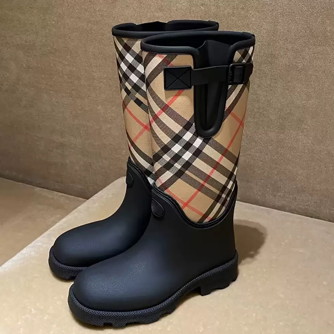 designer marsh stamp women retro plaid splicing waterproof rain boots with matte anti slip rubber thick sole fashionable double height