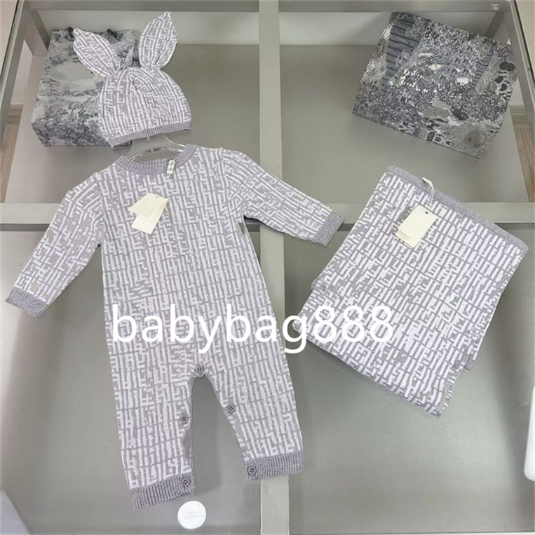Designer Gender Neutral Baby Newborn 3Pcs Cotton Set, Romper Jumpsuit Hat Swaddle Blanket, High Quality F18
