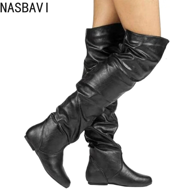 NASBAVI Over The Knee Boots Women Pu Elastic Boots Female Round Toe Shoes Concise Flat Shoes Autumn Winter 2025 Plus Size 34-48 260714BJ