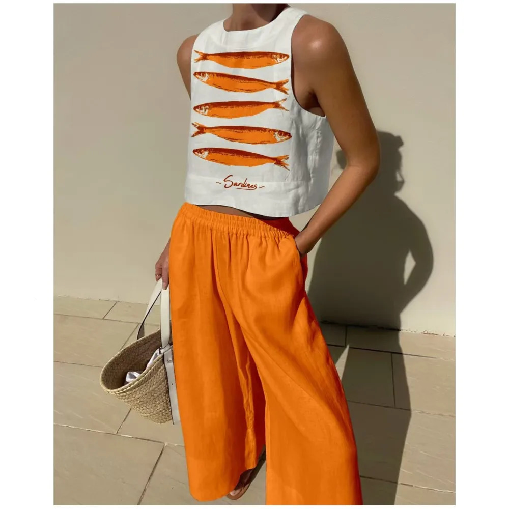 Bohemian Casual Vest And Long Pants Vacation Set Fashion Salmon Print Top Loose Wide-leg Long Pants For Women 2-piece Set 260714BJ
