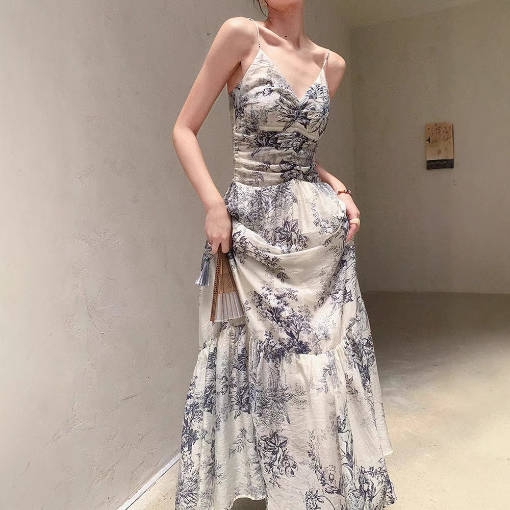 Français été Vintage peinture à l'encre impression sans manches Slip longue robe femmes mode dos nu mince élégant robes de soirée 240816
