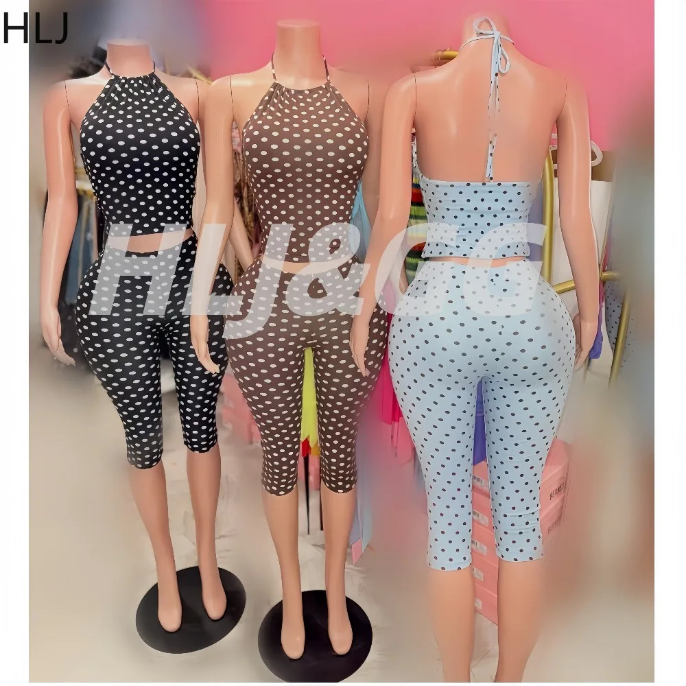 HLJ Y2K Women 2 Piece Polka Dot Outfit Halter Neck Sleeveless Crop Top High Waist Capris Leggings Matching Sexy Streetwear 260714BJ