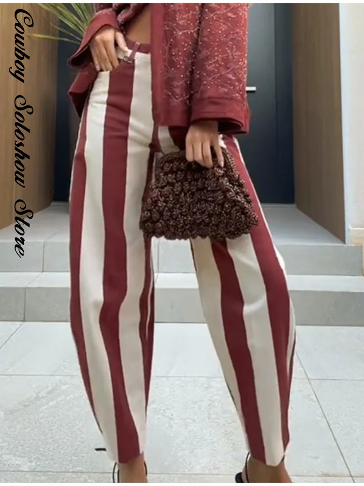 Vintage Stripe Womens Pants Casual Y2k Red Loose Sickleshaped Trousers Lady Street Spring Summer Clothing 2026 260714