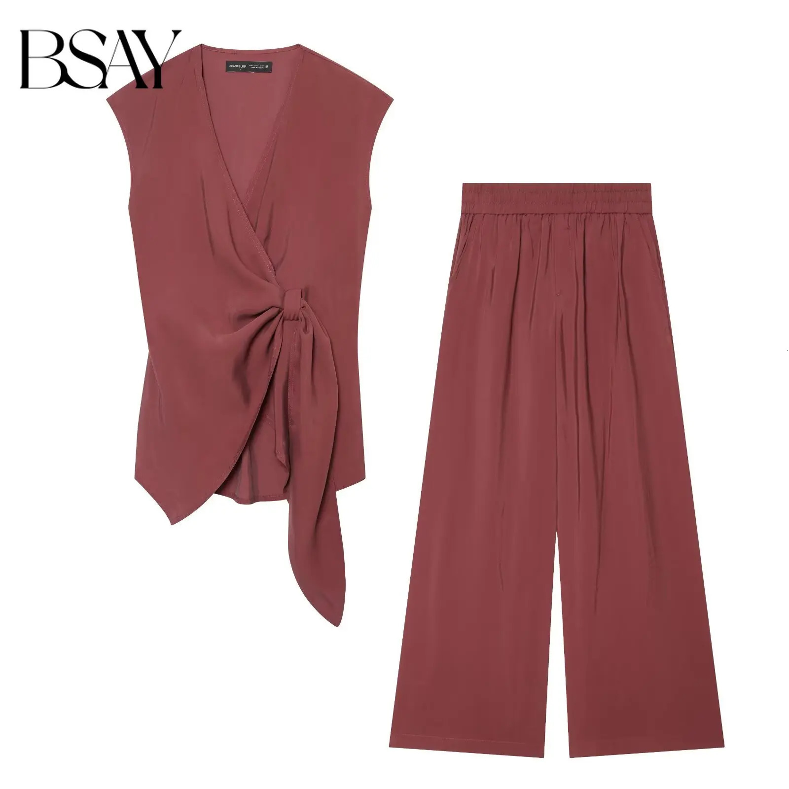 BSAY 2026 Womens Two Piece Set V-Neck Sleeveless Wrap Top With Bow Tie Elastic Waist Wide Leg Pants Elegant Solid Color Outfit 260714BJ