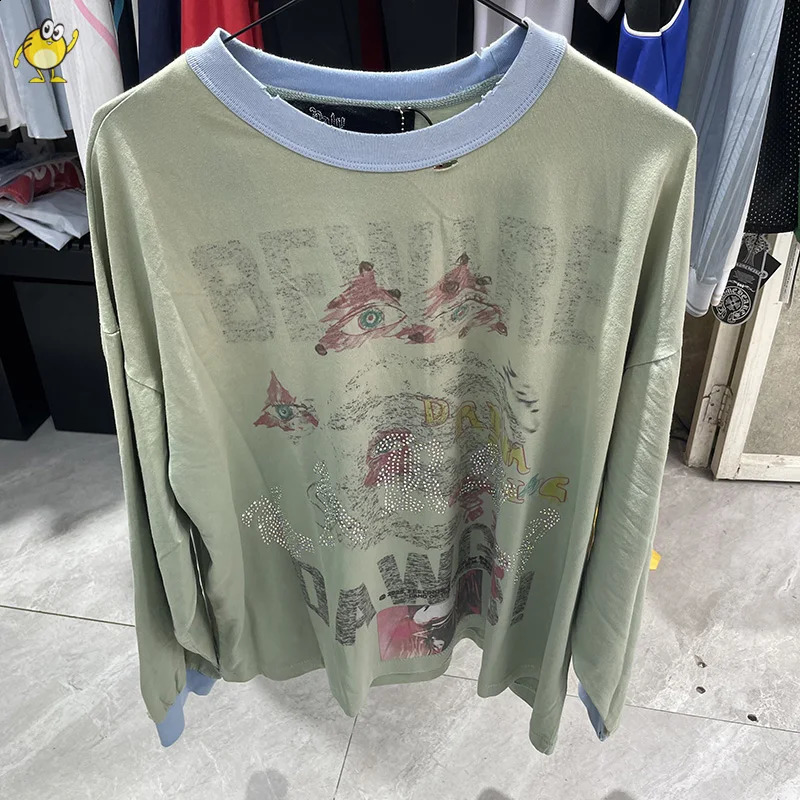 Rhinestone PALY Long Sleeve T Shirt Men Woman Vintage High Street Damaged Hole Old Washed Loose Casual Top Tee 260713