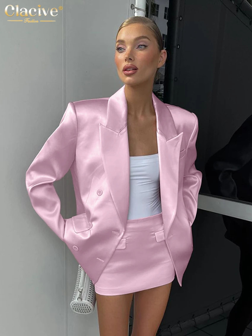 Clacive Fashion Loose Pink Satin 2 Piece Sets Women Outfit Elegant Long Sleeve Blazer With Mid Waist Mini Skirts Set Female 260714BJ