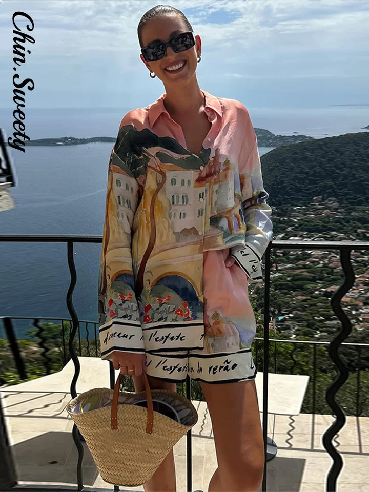 Casual Womens Flower Printed Short Suits Long Sleeve Turn-Down Collar Loose Lady Sets Spring Summer Fashion 2 Pieces Set 260714BJ