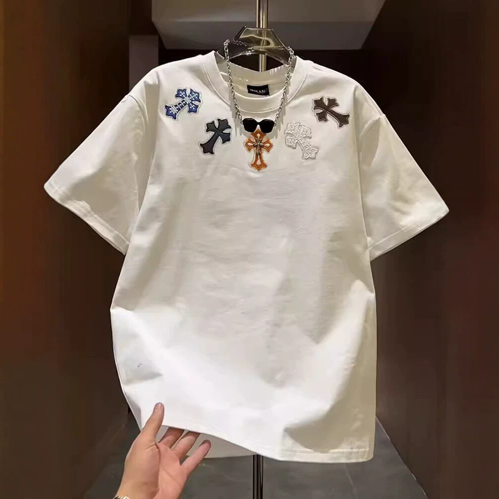 Designer T-shirt Summer new trendy brand stylish cross embroidered short sleeve men s fashion high quality versatile top High quality round neck shi