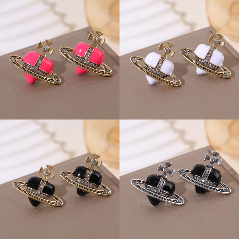 Enamel Heart Planet Boucles d'Oreilles Femme Luxe Motif Croix Céleste Créoles Strass Géométrique Bijoux Cadeaux