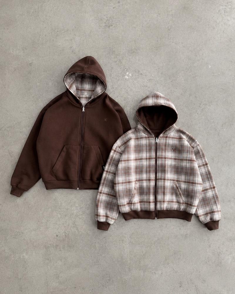 Men's Hoodies Reversible Zip Up Hoodie Women Brown Solid Plaid Two Side Wear Oversized Loose Jacket Vintage Casual Men Street