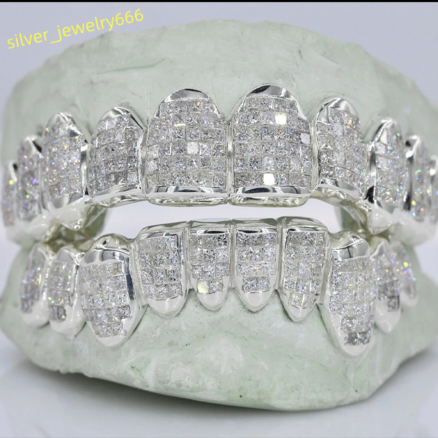 Custom 925 Silver Princess Cut Moissanite Teeth Grillz Full Set Top Bottom Iced Removable Luxury Dental Jewelry