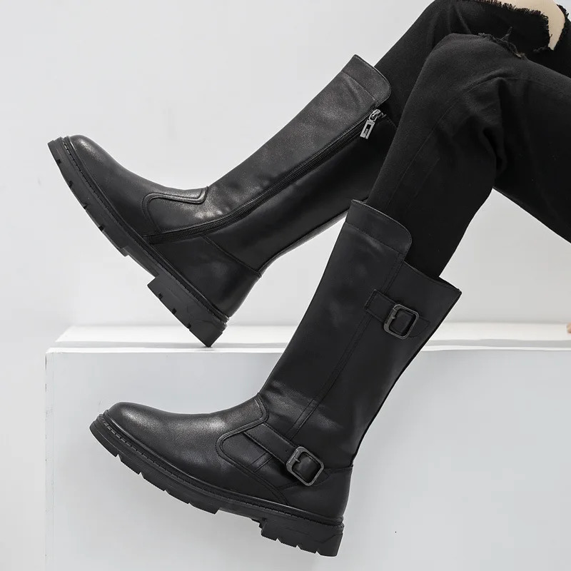 Size 38-46 Mens Fashionable High-Top Leather Boots Genuine Cowhide Shoes Side Zipper Thick-Sole Cowboy Boots for Everyday Wear 260714BJ