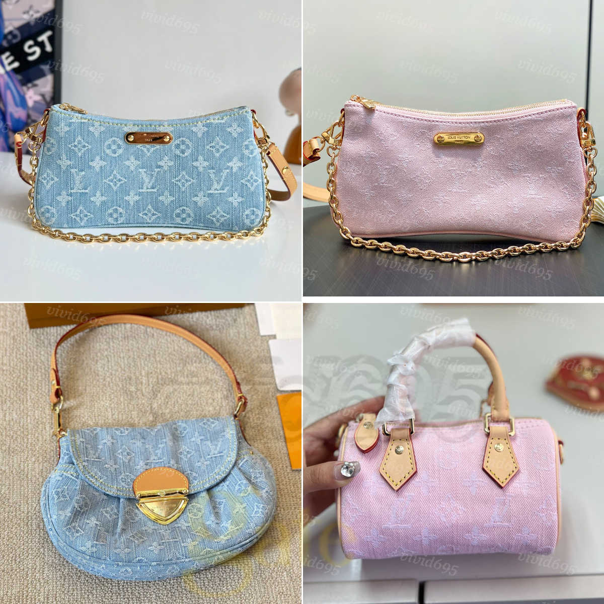 Luxury Liv Light blue denim Vintage jean Women Shoulder bag Embossed Old Flower speeds nano Pochette pink jean bag underarm purse flap embroidery su