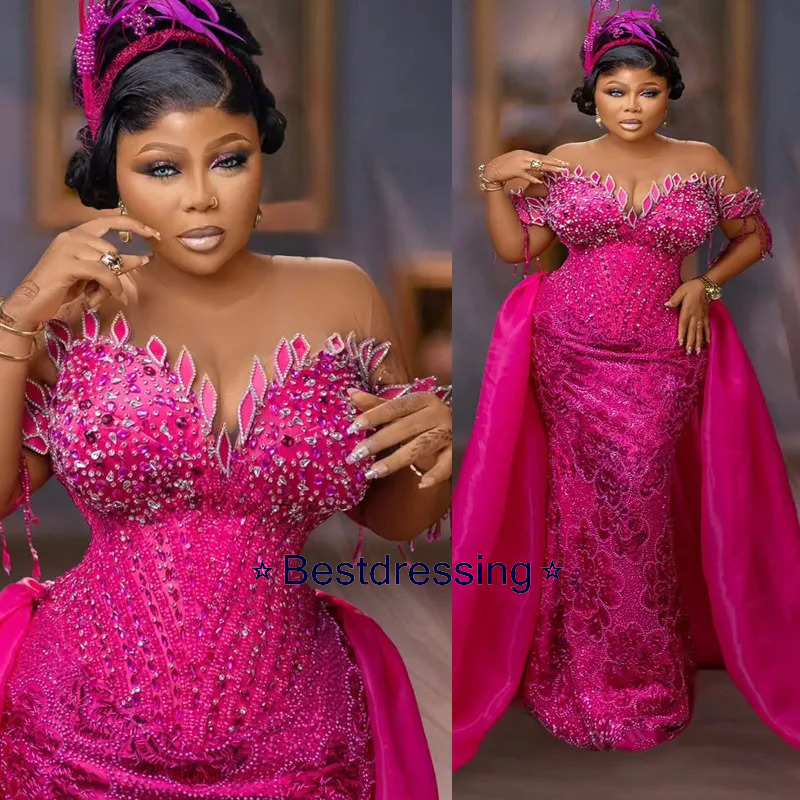2026 Plus Size Fuchsia Prom Dress Mermaid Evening Dresses Detachable Train Sheer Neck Flora Illusion Beaded Lace Crystals Gowns Bd713