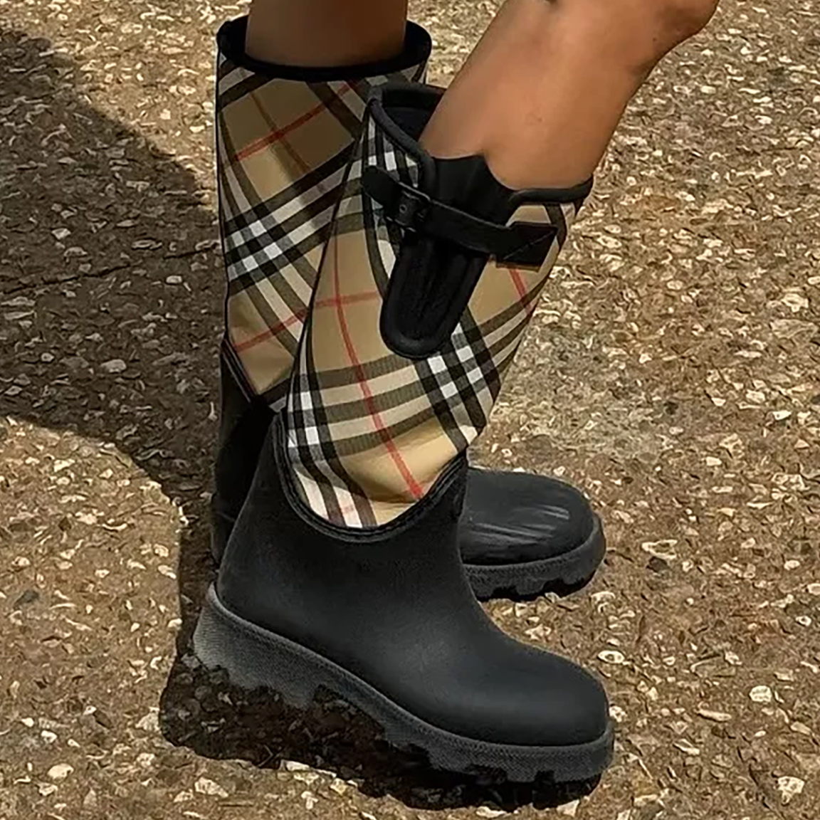 designer marsh stamp women matte anti slip rubber thick sole retro plaid splicing waterproof rain boots fashionable double height