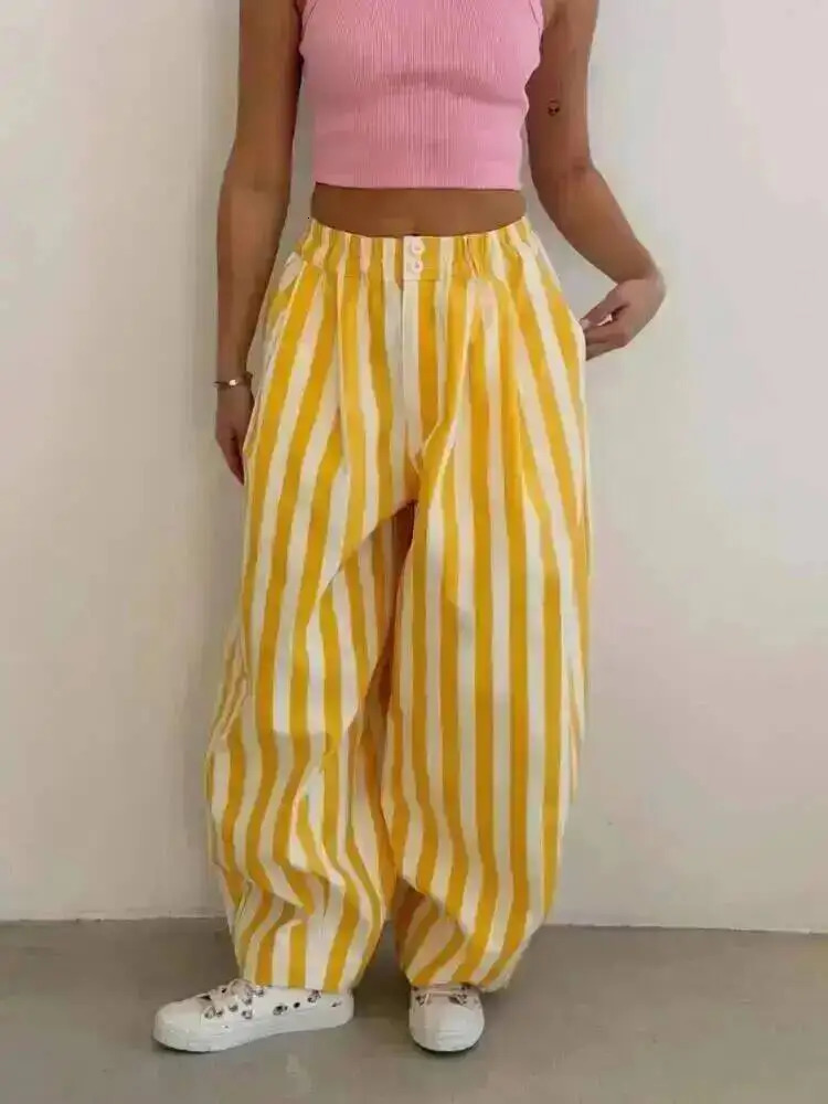 LGRQ Womens Casual Pants Office Lady Elastic High Waisted Striped All match Wide Leg Trousers 2026 Summer 19DB1061 260714