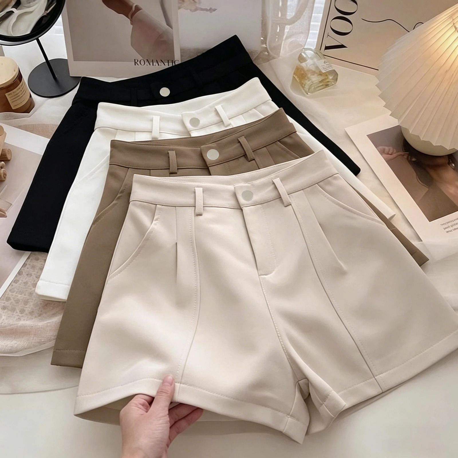 Casual Women ALine Shorts Fashion Office Lady Commute Vintage Solid High Waist Short Pants Streetwear Summer Trousers 260707