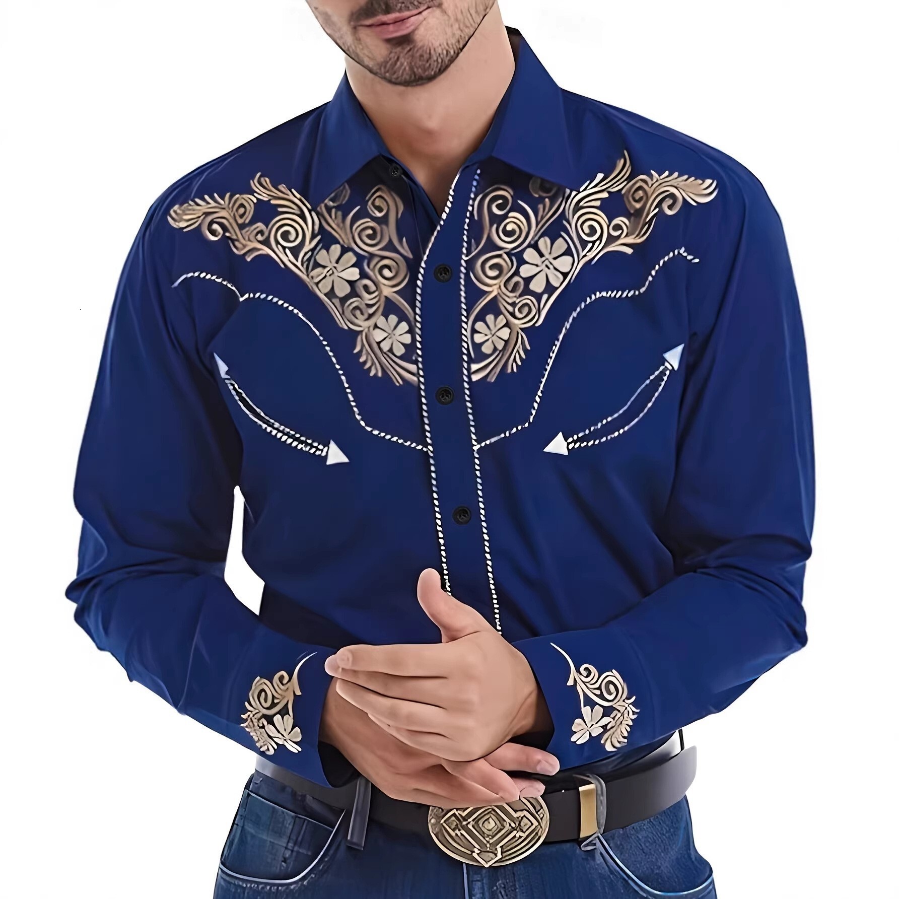 Designer Luxury Men Western Cowboy Long Sleeve Shirt White Floral Scroll Embroidery Point Collar Button Down Black Fabric Vintage Country Stage Casu