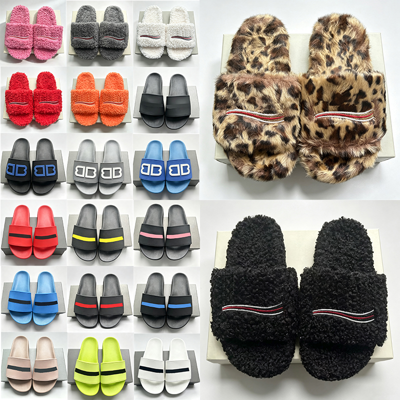 with box free shipping designer slippers Soft Fluffy Shearling Slides men women Luxury Furry Open Mules Cozy warm winter shoes black pink white leop