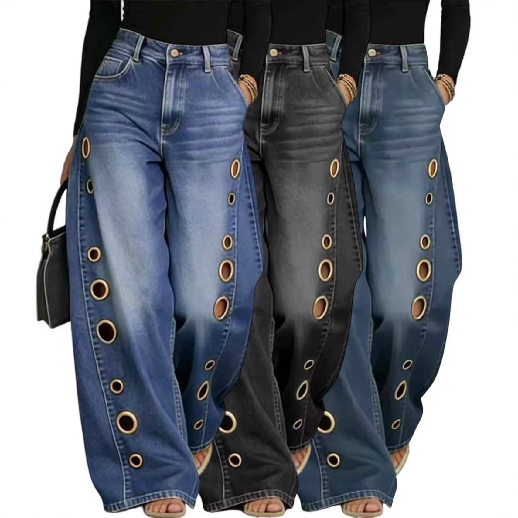 Vintage Print Washed Straight Leg Jeans Soft Denim High Waist Casual Women Pants 50 0a