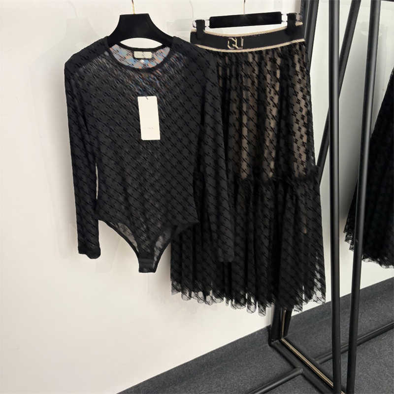 Two Piece Dress fashion Designer Dress Flocked Letters Long-Sleeve Sheer Jumpsuit Top Ribbon Waist-cinching Tulle Skirt S-2XL