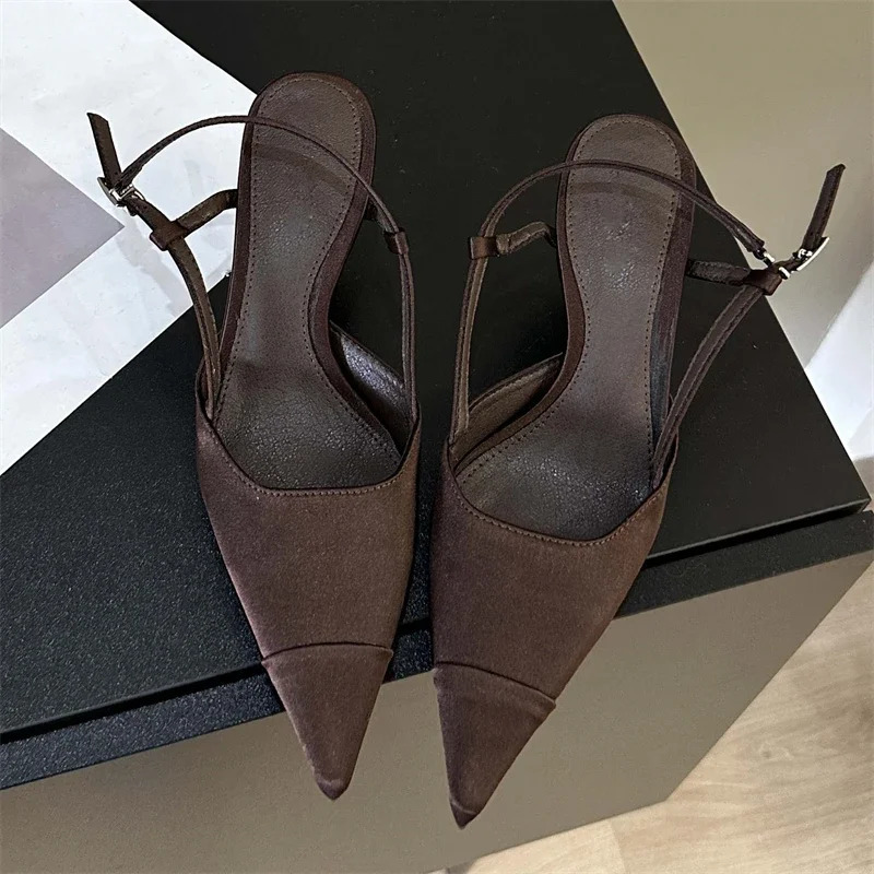 Eilyken High Quality Satin Buckle Strap Women Pumps Sandals Fashion Shallow Thin Heels Pointed Toe Slingback Mules Shoes 260715BJ