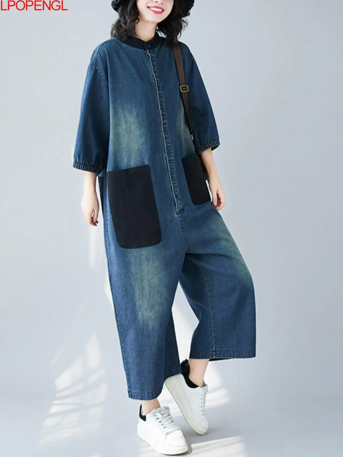 Fashion Retro Contrasting Large Pocket Washed Loose Denim Overalls 2026 Womens Straight Singlebreasted Wide Leg Jumpsuit 260714banjia