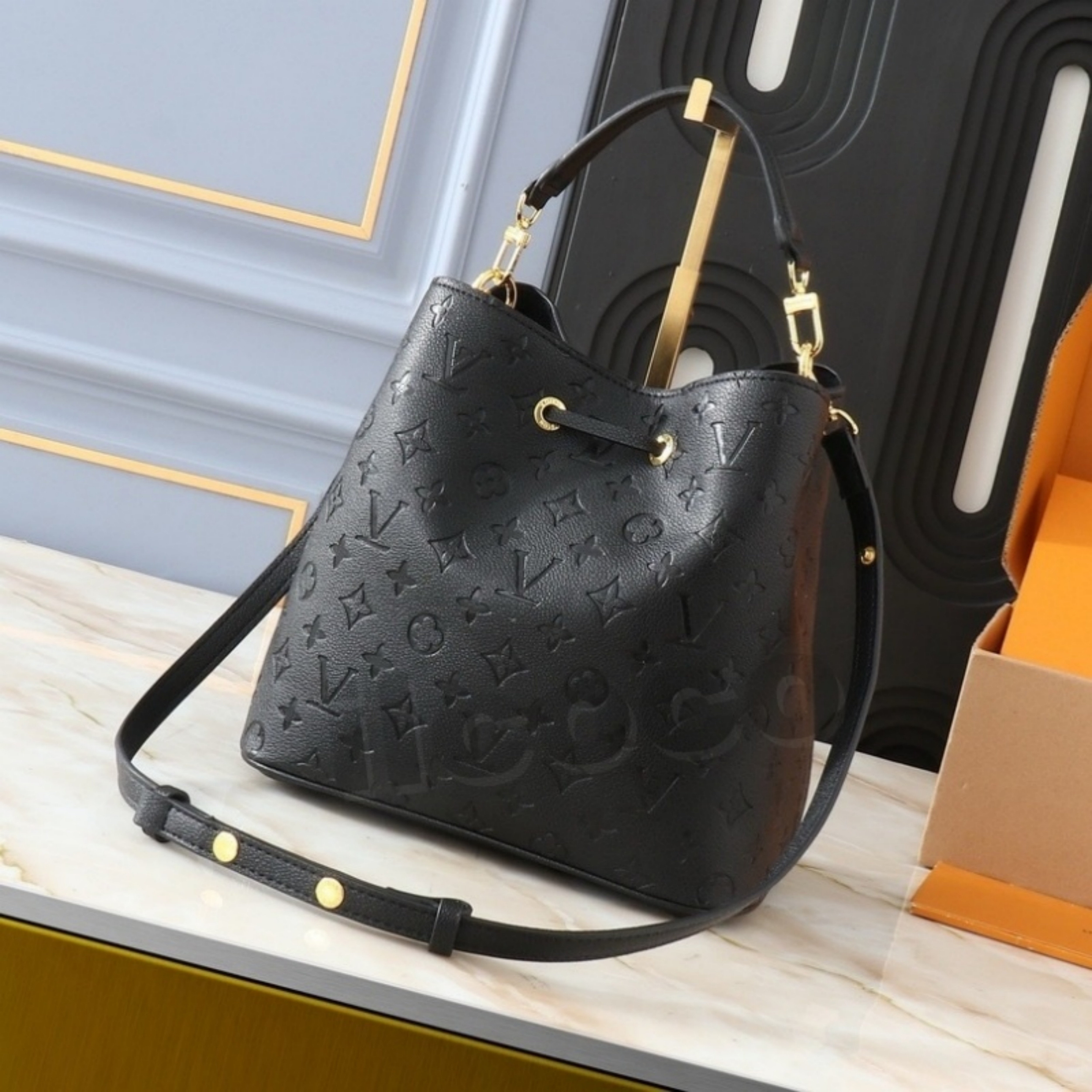 Embossed Leather Drawstring Neonoe Bucket Handbag Vintage Pattern Top Handle Purse Crossbody Strap Large Capacity Ladies Daily Commute Shoulder Bag