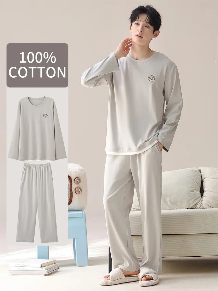 Mens 100 Cotton Long Sleeve Pajama Set Spring Summer All Season Plus Size Loungewear Teen Adult Pure Home Suit 260714banjia