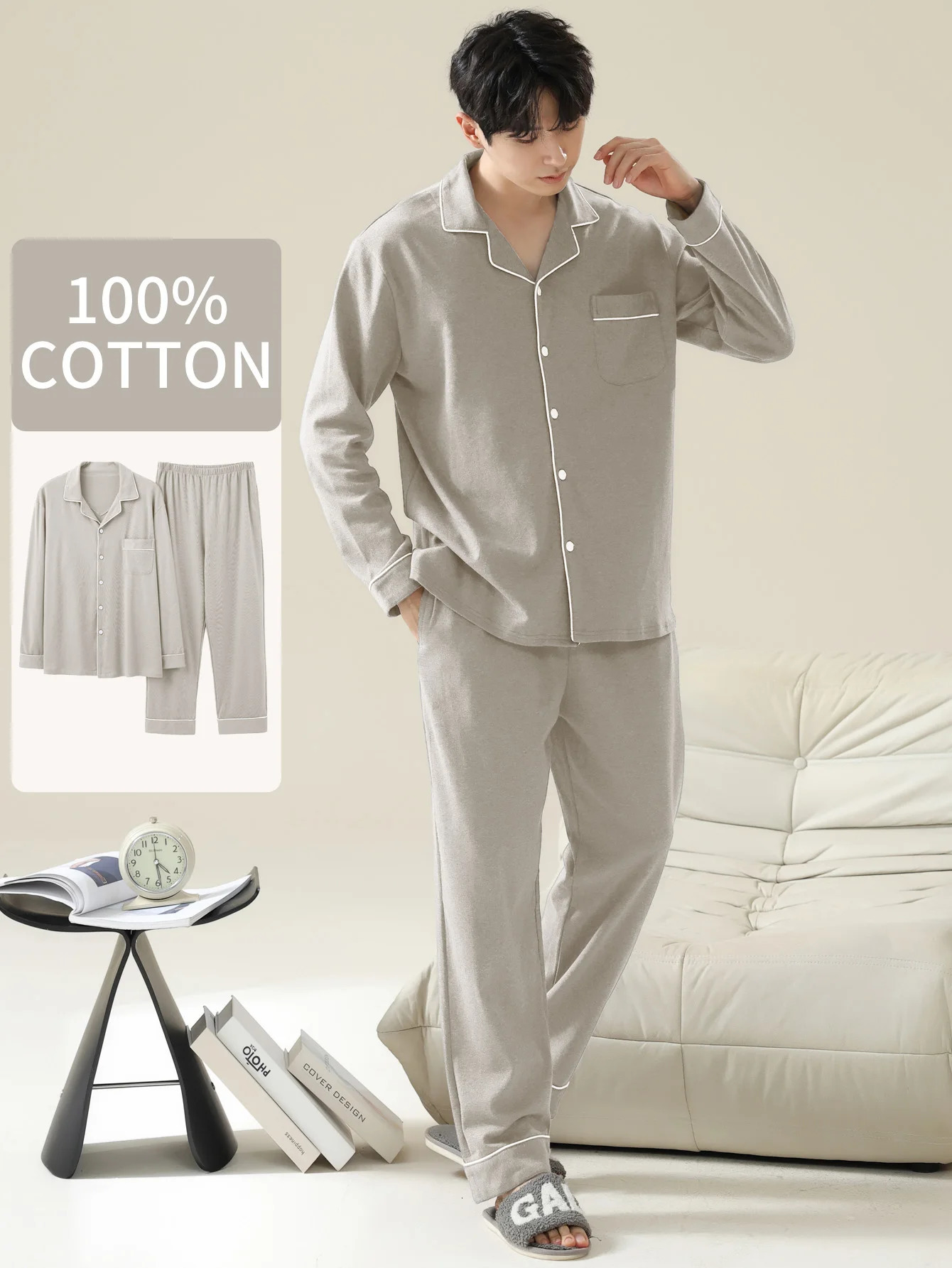 Mens 100 cotton long sleeved four season plus size mens sleepwear teenage pure home suit set for warmth 260714banjia