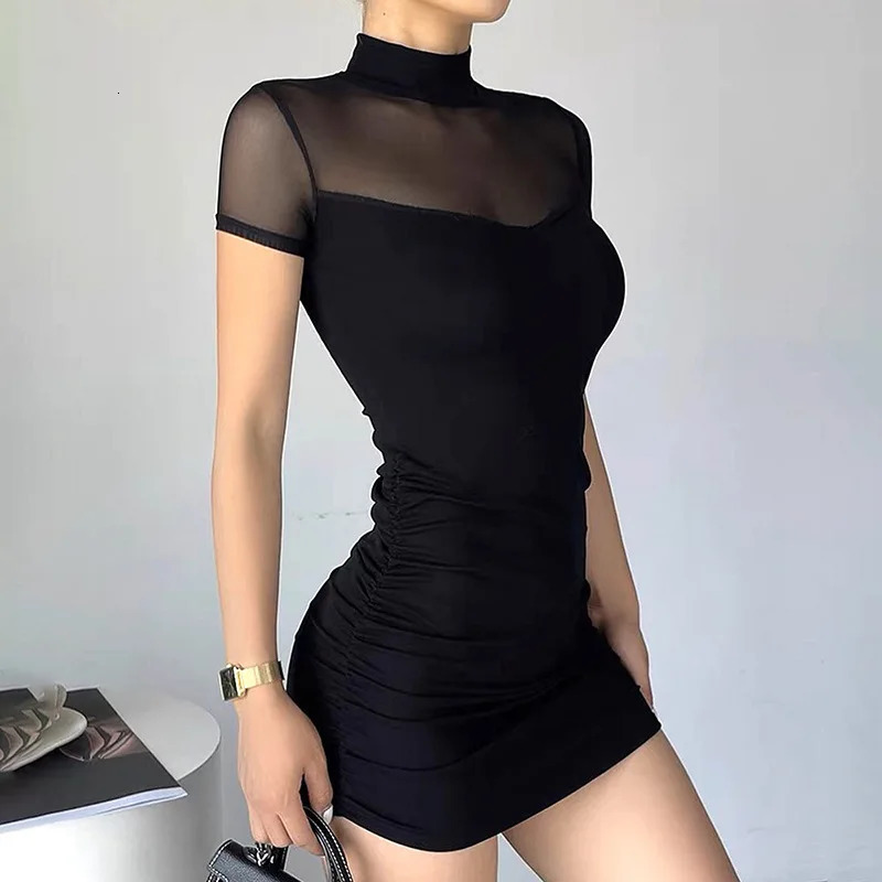 Sexy Spicy Girl Solid Color Mesh Splice round Neck Slim Fit High Waist Overhead Short Style Summer Dress 260714banjia