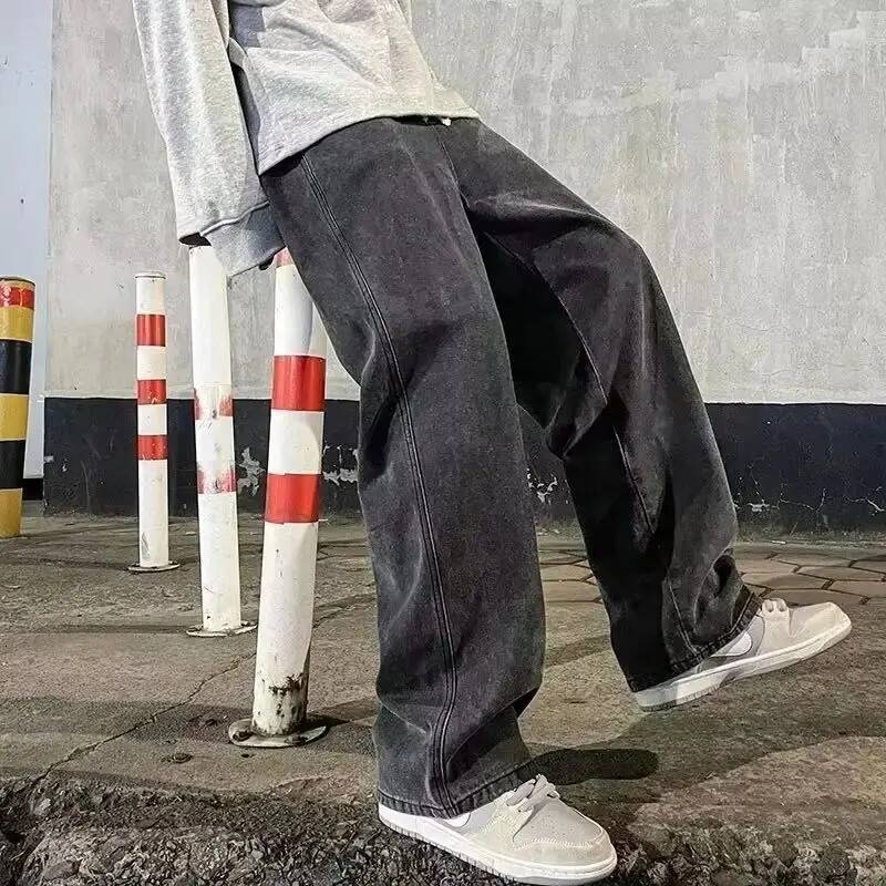 2026 New Streetwear Jeans Men Korean Style Fashion Loose Straight Wide Leg Pants Men's Brand Clothing Black Light Blue