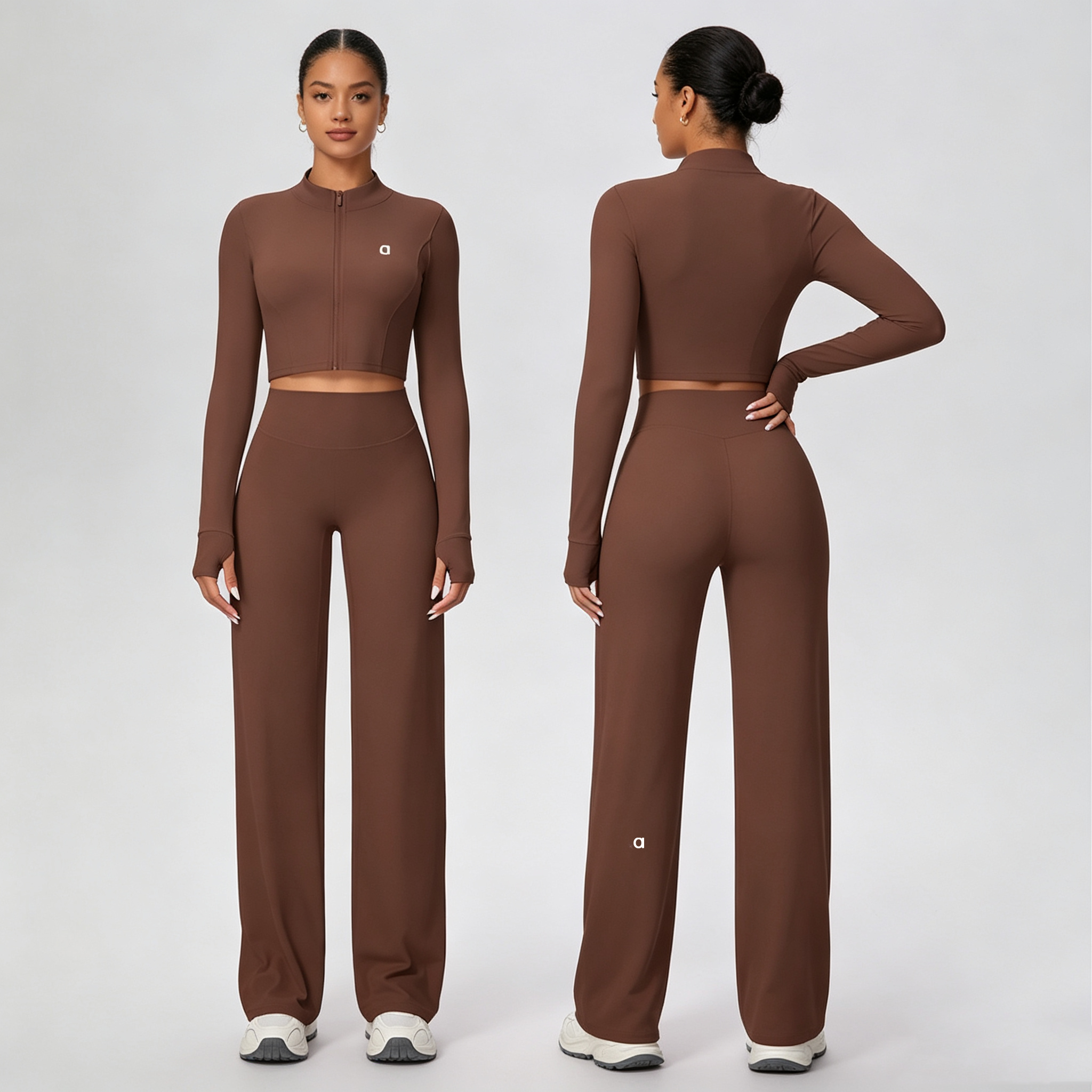 New Arrival Solid Color Double-sided Brushed Zip-up Jacket & Wide-leg Yoga Outfit 2-Piece Set for Sports Running and Fitness