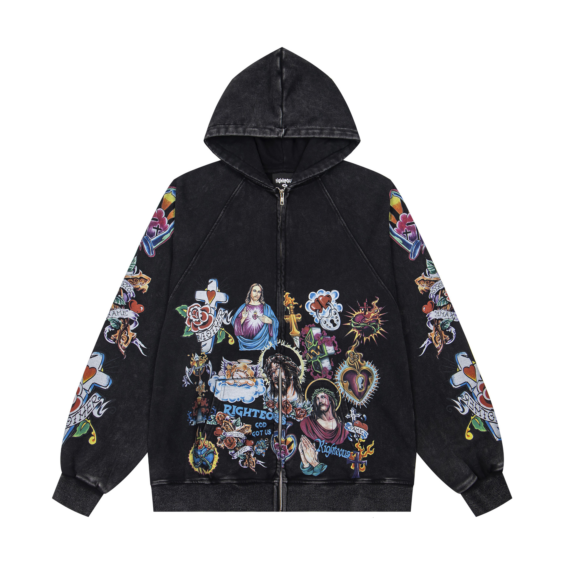 We Are Righteous Risen King Vintage Washed Black Up Hoodie Jesus Sacred Heart Tattoo Gothic Cross Rose Y2K Streetwear Zip Jacket Unisex Sweatshirt 7