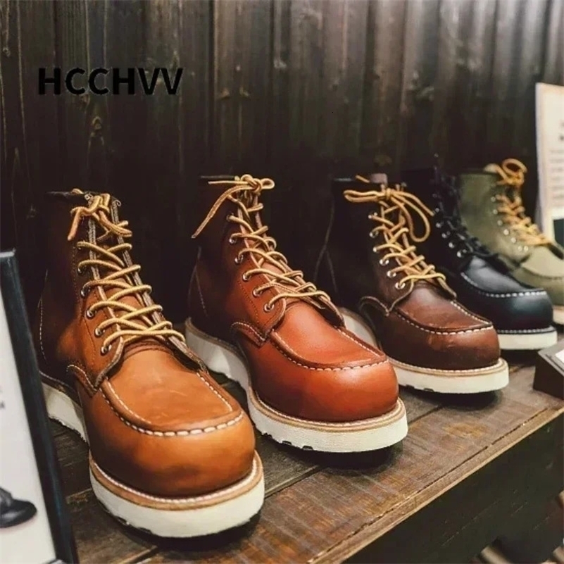-Welted Vintage Genuine Leather Ankle Motorcycle Boots Square Top Men Casual Dress Work Red Punk 260714BJ