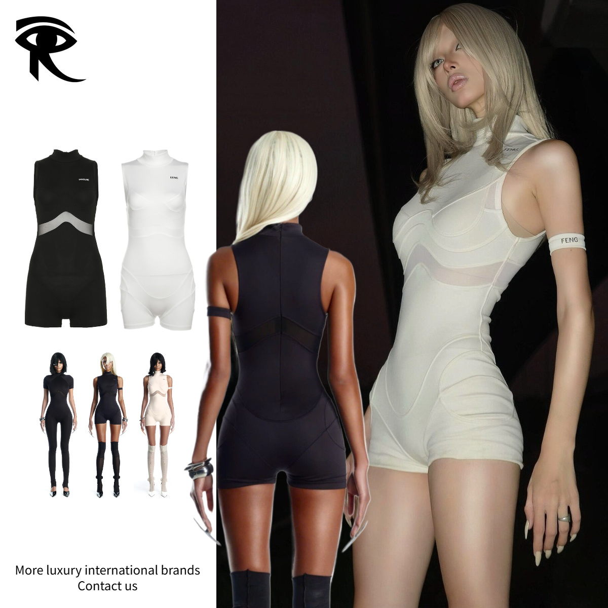 Body futuriste sans manches à col montant Cyberpunk Future Tech Urban Mesh Cutout Contour Slim Fit Romper, Techwear Activewear Playsuit Designer
