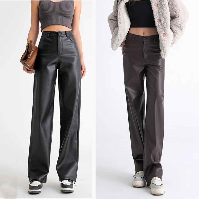 2025 Trendy Fall Winter Fleece Loose Wide Leg Warm Leather Pant Button Pocket High Waist Thick PU Casual Straight 260714banjia