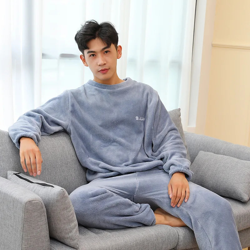 Thickened Warm Men Coral Velvet Pajamas Autumn Winter Homewear LongSleeved Long Trousers Solid Soft Sleepwear 2PCSSet Couple 260714banjia