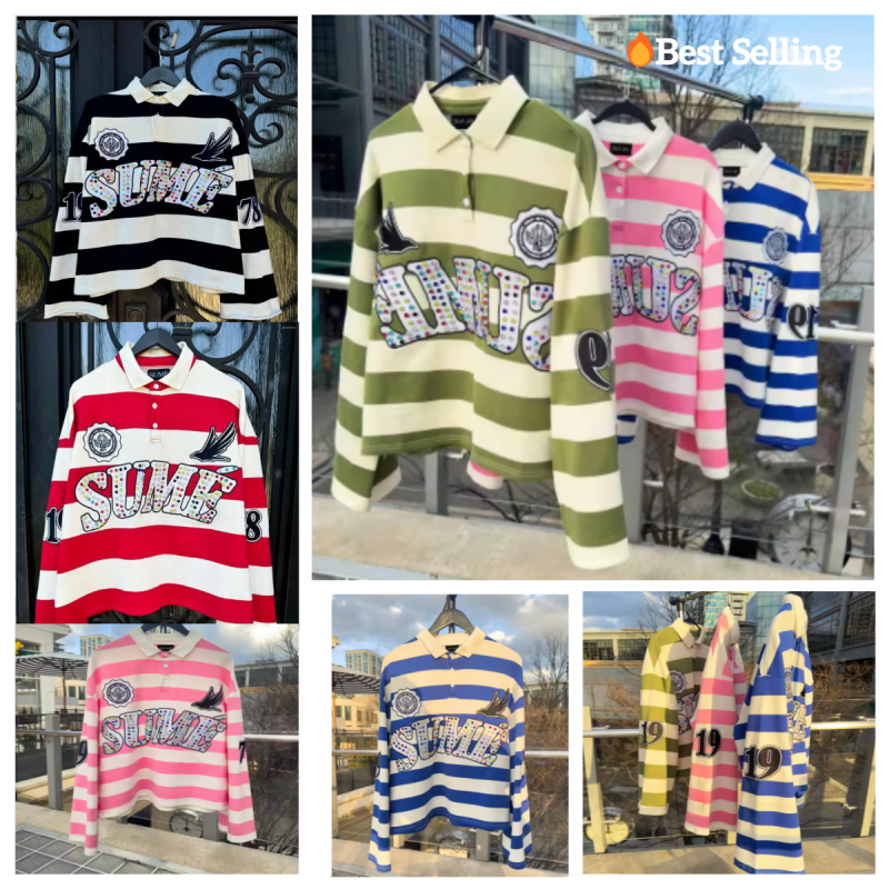 T-shirts voor heren Harajuku Top SUME Tekstprint Shirt met lange mouwen Hiphop Lijnpatronen op straatstijl Retro gestreepte kraag