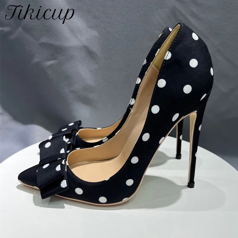 Tikicup Polka Dot Women Black Satin Stiletto High Heels with Bowknot Chic Ladies er Dress Shoes Pointed Toe Silk Pumps 260715BJ