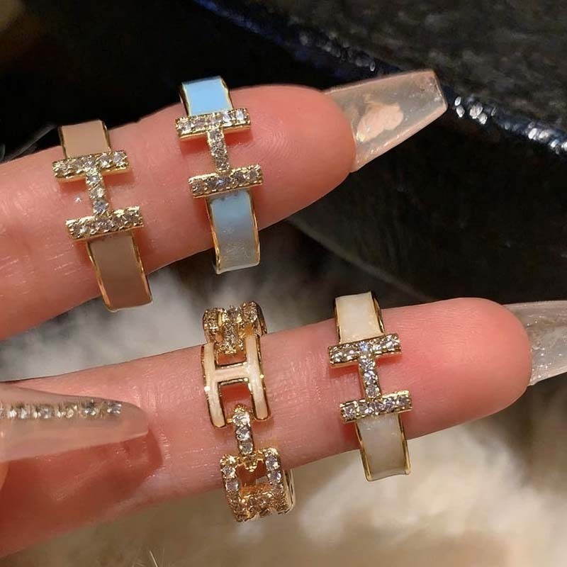 Letter H ~ Enamel Drip Oil Zircon High End Open Ins Niche French Style Internet Celebrity Ring For Women